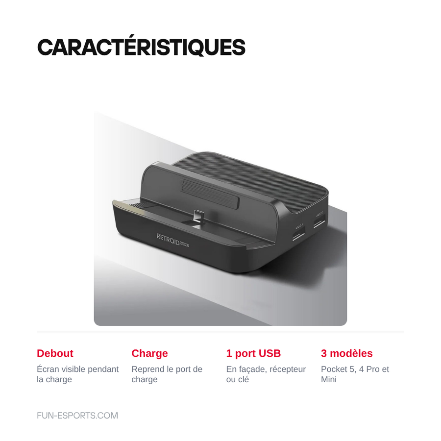 Caractéristiques du socle de charge Retroid : console debout, reprise du port de charge, port USB en façade