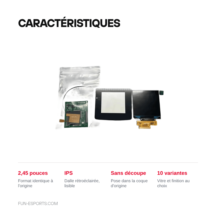 Caractéristiques — Écran IPS 2,45 pouces pour Game Boy Color — sans découpe de coque
