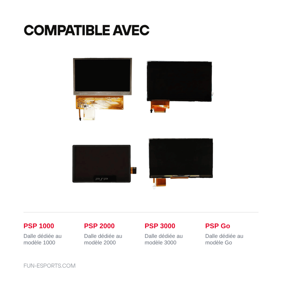 Compatible avec — Écran LCD de remplacement PSP 1000, 2000, 3000 et Go — dalle nue