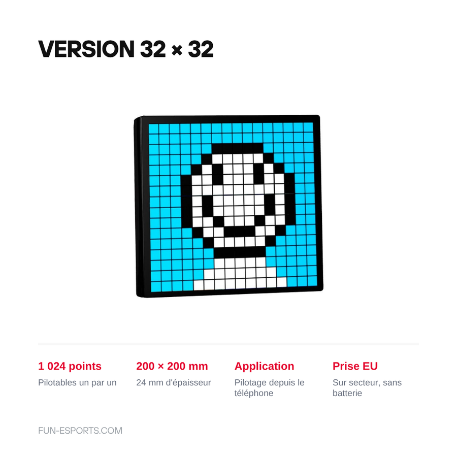 Ecran pixel art LED version 32 x 32 : 1 024 points pilotables, 200 x 200 x 24 mm, pilotage par application, prise EU