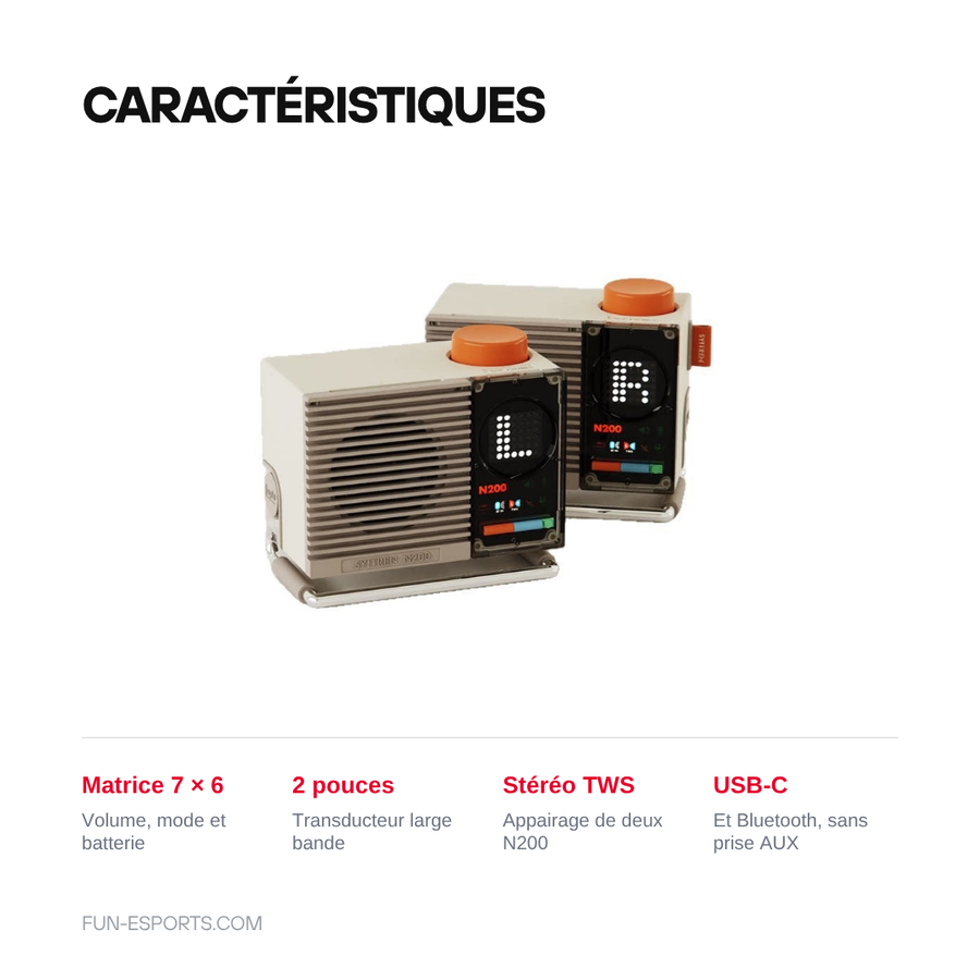 Caracteristiques de l'enceinte Syitren N200 : afficheur matrice 7 x 6, transducteur 2 pouces, appairage stereo TWS, port USB-C