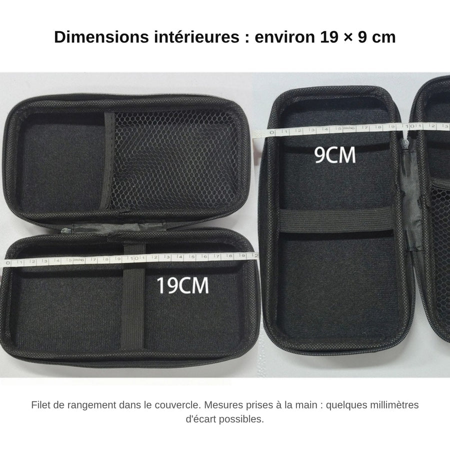 Intérieur de l'étui TrimUI Smart Pro S : environ 19 × 9 cm, filet de rangement dans le couvercle
