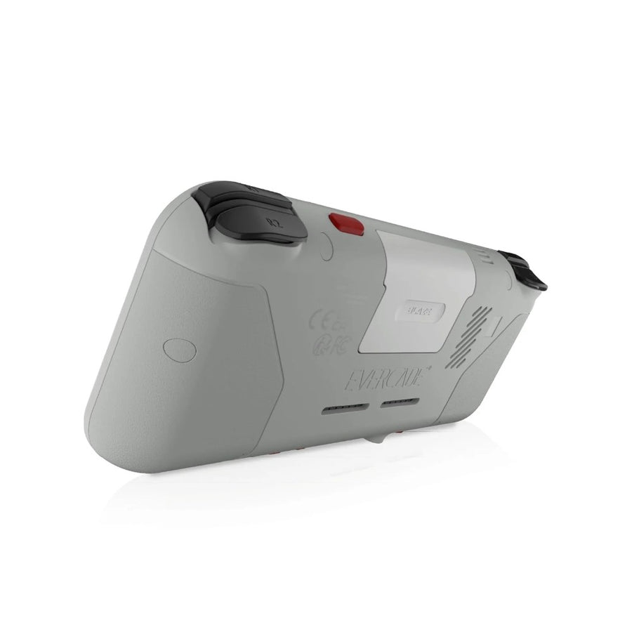 Evercade EXP-R, console de poche à cartouches Evercade et écran IPS 4,3 pouces, coloris gris clair et rouge, vue arrière