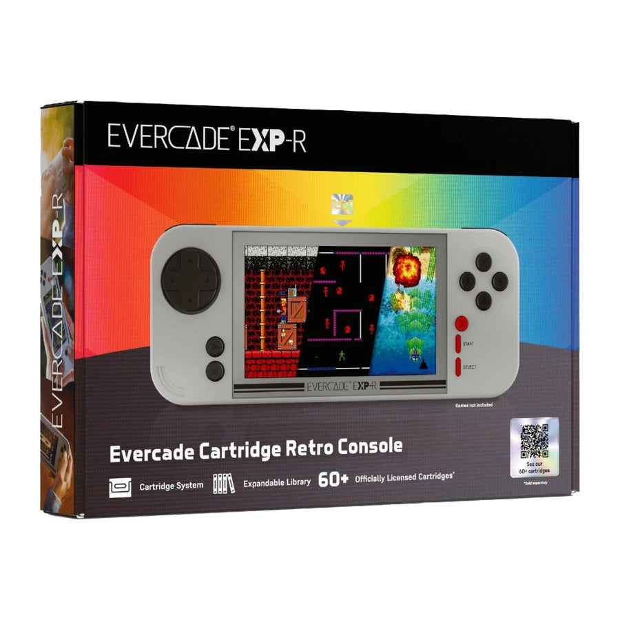 Boîte de l'Evercade EXP-R, console seule, coloris gris clair et rouge