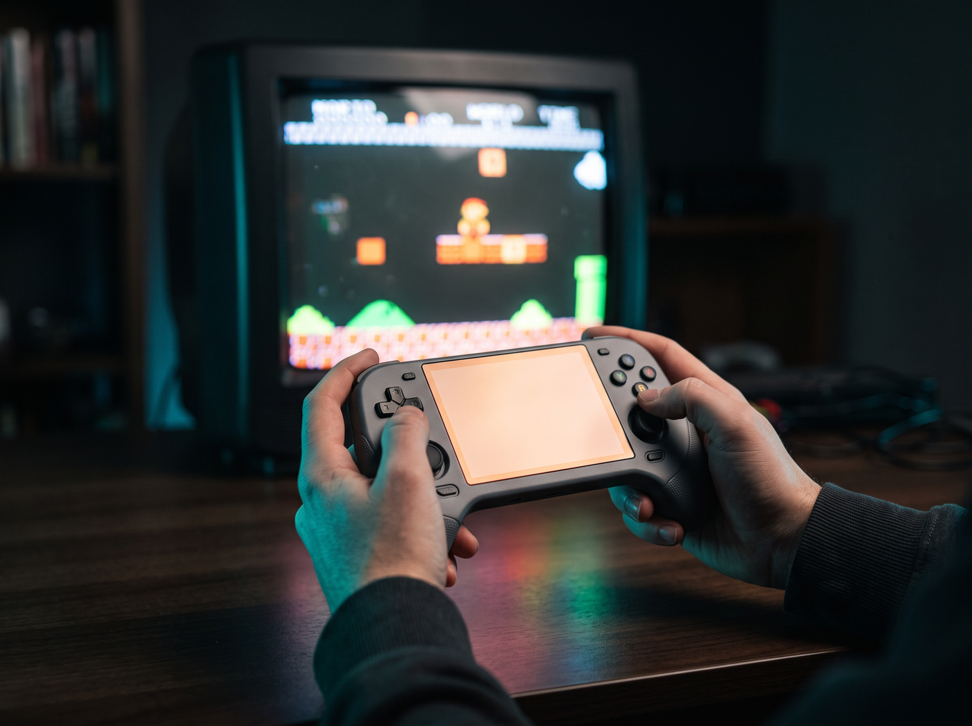 Console rétro portable en mains devant un écran CRT — le nouveau Fun-Esports