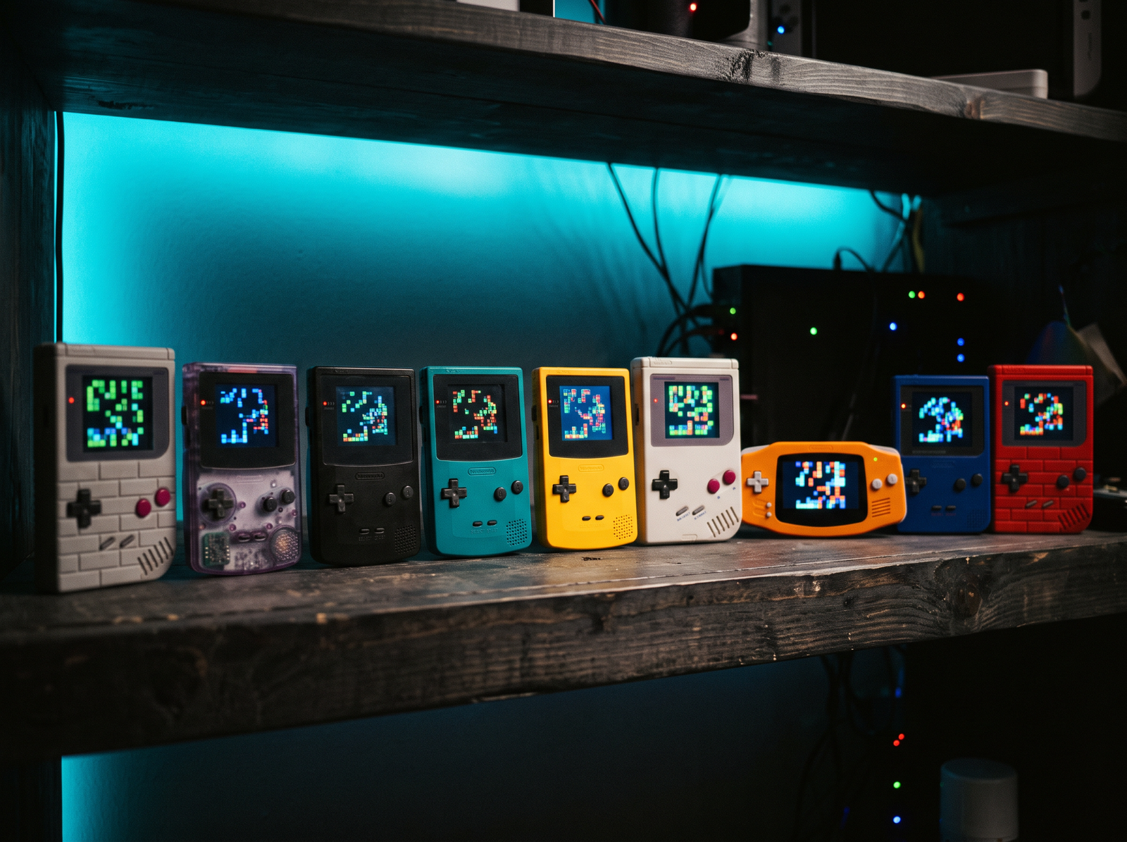 Étagère de consoles rétro portables dans la pénombre