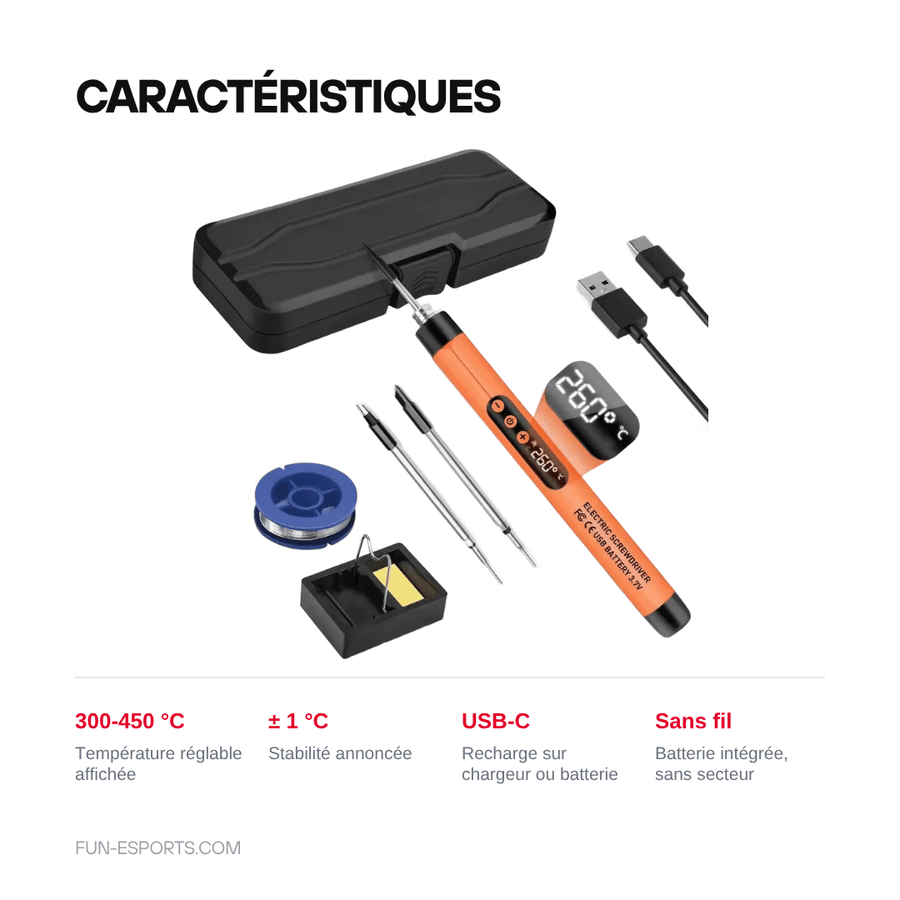 Caractéristiques — Fer à souder sans fil USB-C JCD C200 — réglable 300 à 450 °C