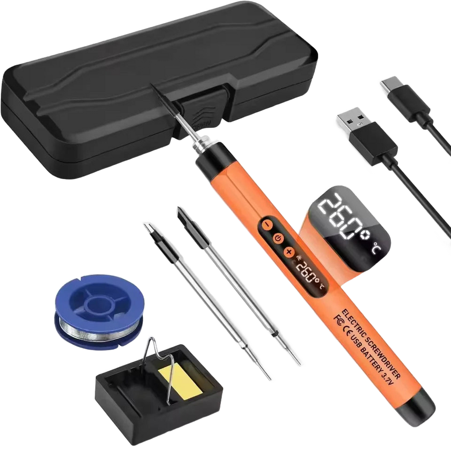 Fer à souder portatif alimenté en USB-C, manche noir et écran de réglage de température