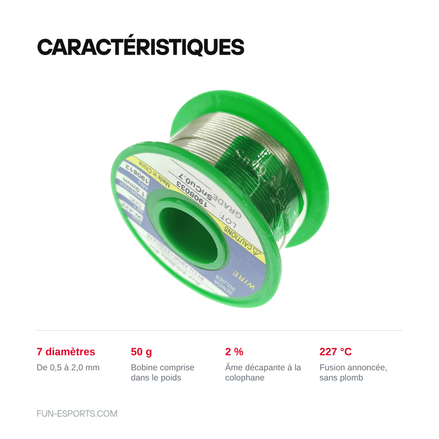 Caractéristiques — Fil à souder sans plomb 50 g — âme décapante, Ø 0,5 à 2,0 mm