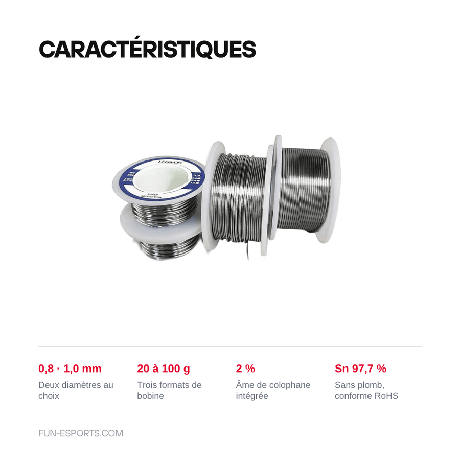 Caractéristiques — Fil à souder sans plomb à noyau de colophane — 0,8 et 1,0 mm