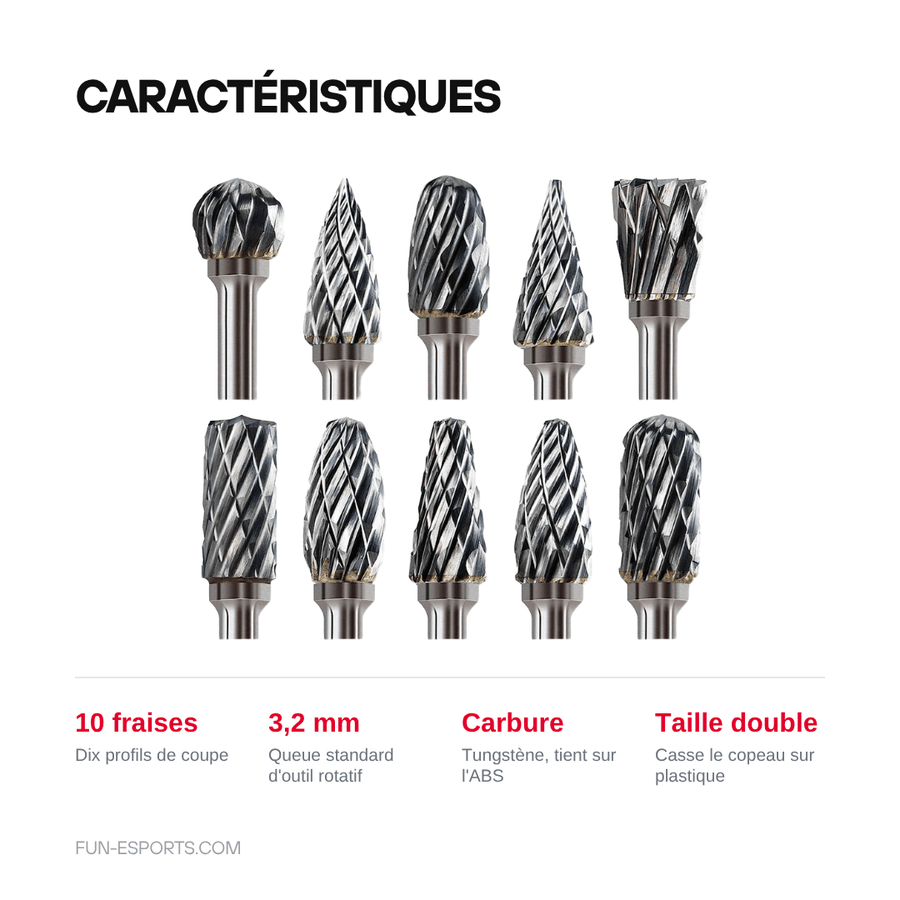 Caractéristiques — Fraises rotatives carbure 3,2 mm — set de 10 pour outil rotatif