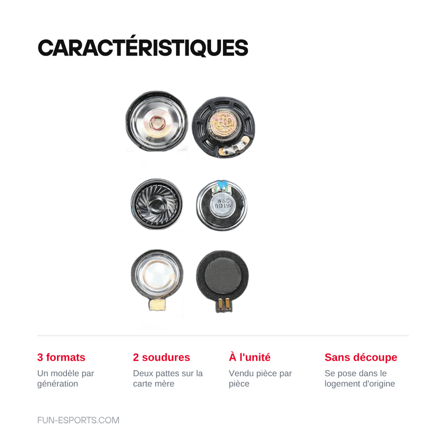 Caractéristiques — Haut-parleur de rechange Game Boy, GBC, GBA et GBA SP — à souder