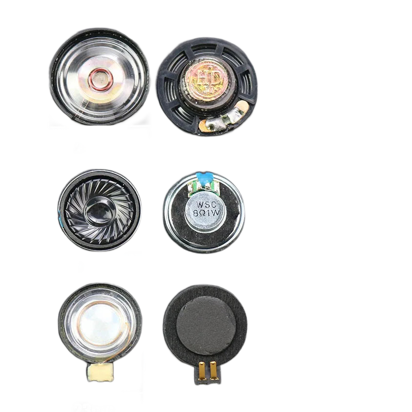 Petit haut-parleur rond de rechange avec pastilles de soudure, vu de face et de dos