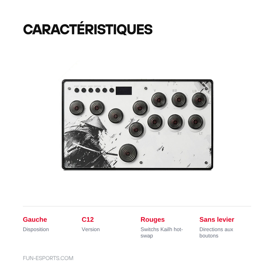 Hitbox mini version C12, disposition gauche, switchs Kailh rouges hot-swap, directions aux boutons