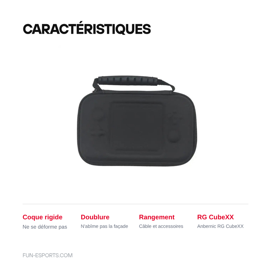 Caractéristiques de la housse Anbernic RG CubeXX : coque rigide, doublure intérieure, rangement pour le câble et les accessoires