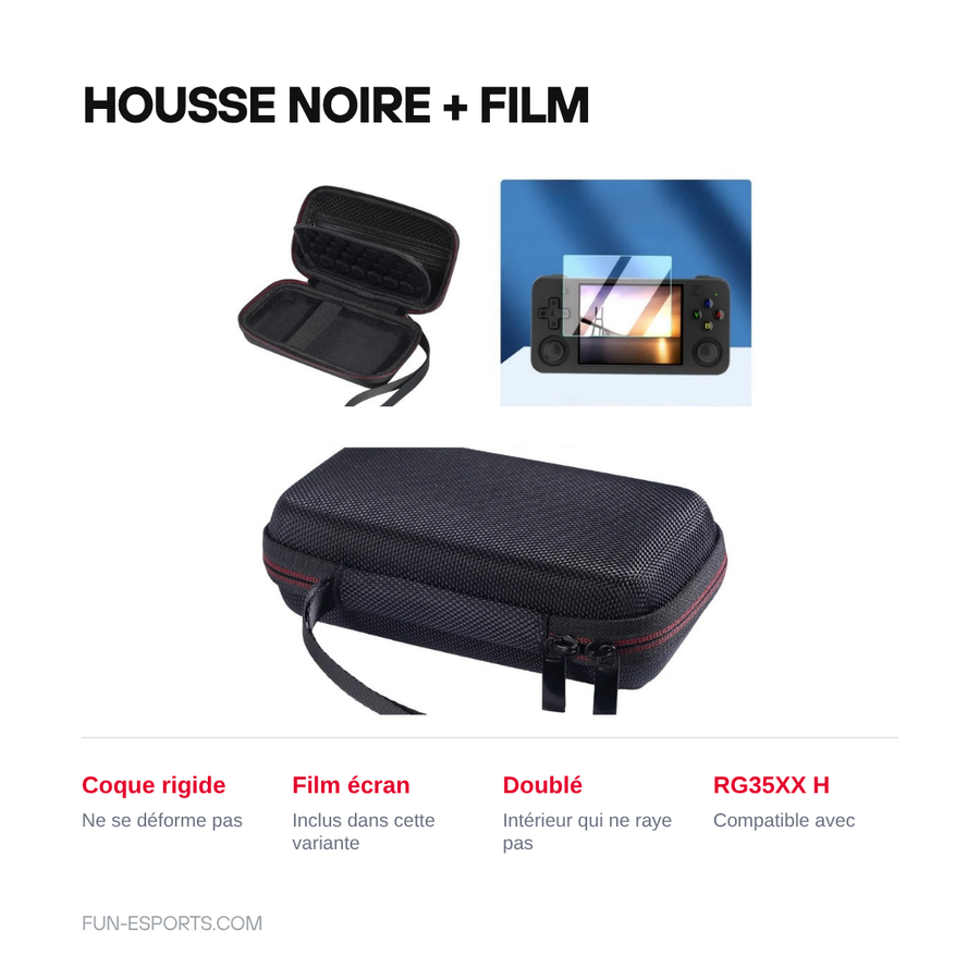 Variante housse noire avec film écran pour Anbernic RG35XX H : coque rigide doublée, ouverte et fermée