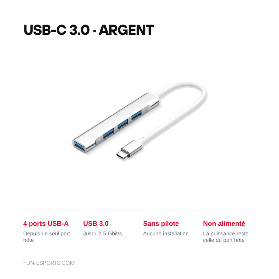 Hub USB 4 ports, version USB-C 3.0 coloris argent : 4 ports USB-A depuis un seul port hote, jusqu'a 5 Gbit/s, sans pilote, non alimente