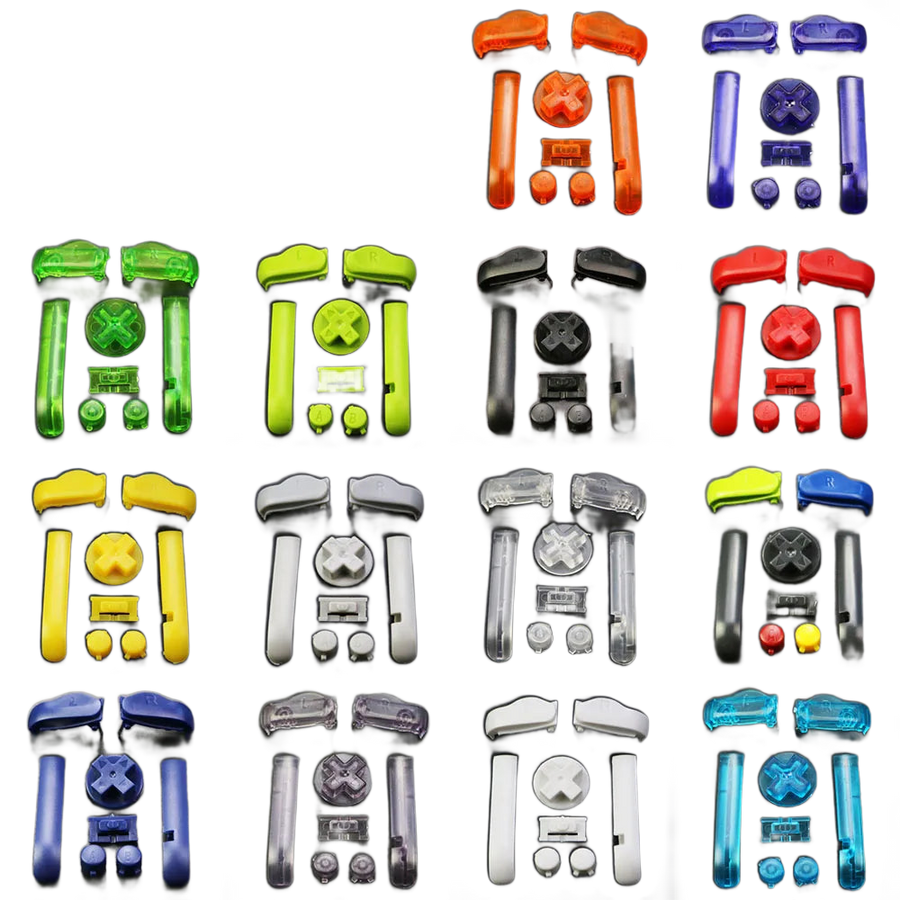 Jeu de boutons de rechange pour Game Boy Advance disposés à plat : A, B, croix directionnelle et gâchettes