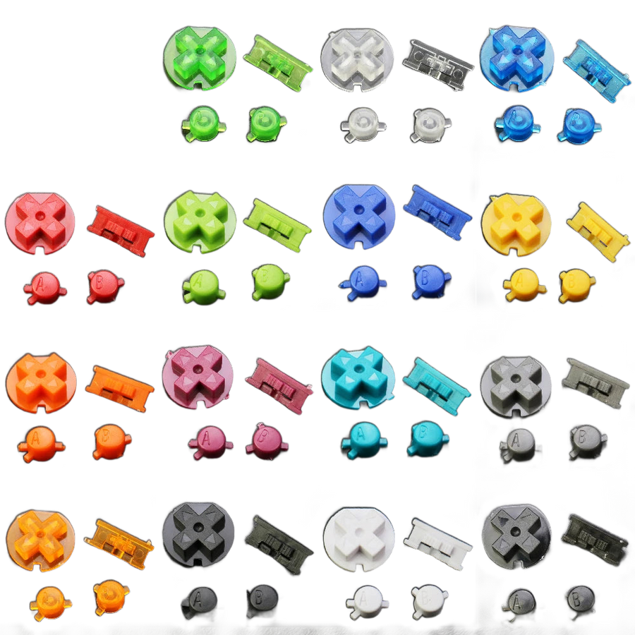 Boutons de rechange pour Game Boy Color alignés : A, B, croix directionnelle et pastilles Start et Select
