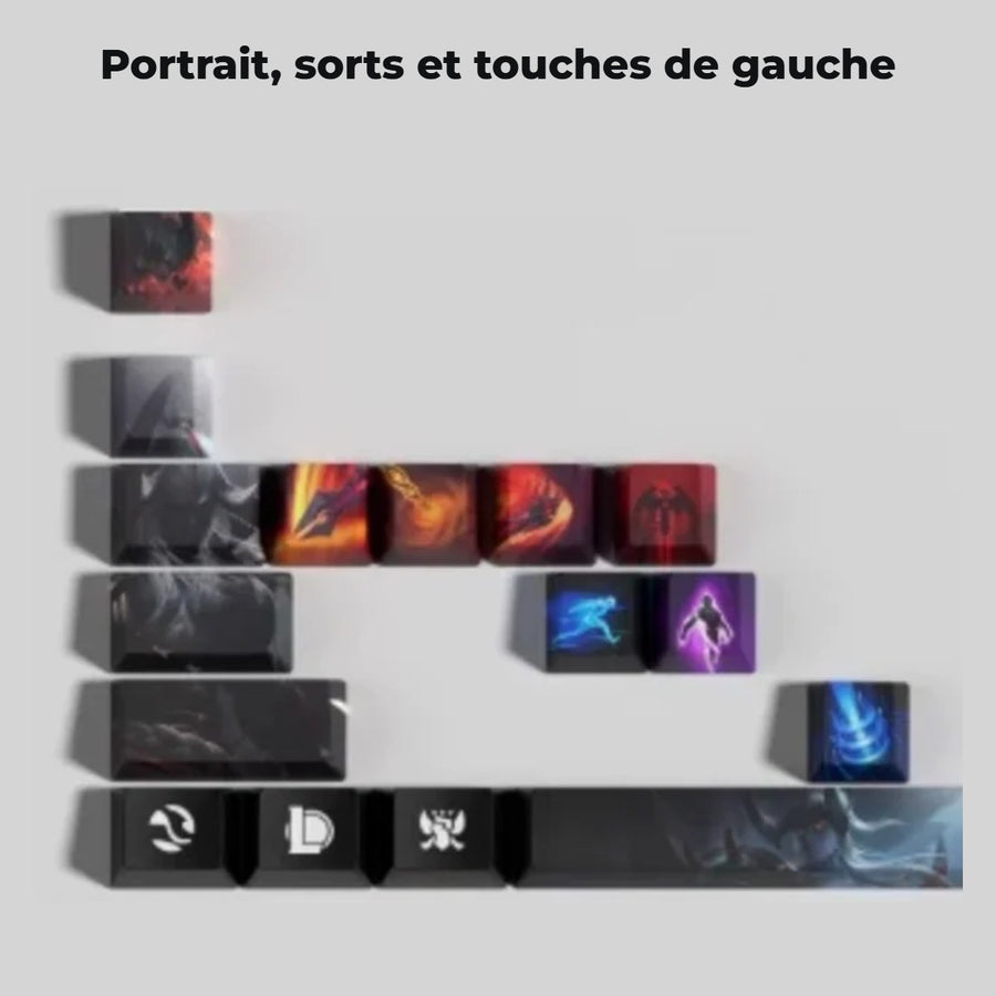 Aatrox League of Legends keycaps — detail: portrait, spells and left-hand keys