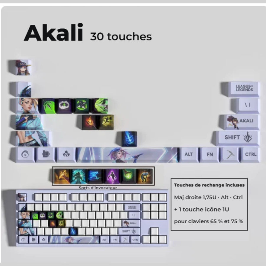 Akali League of Legends keycaps — 30-key set with spare keys