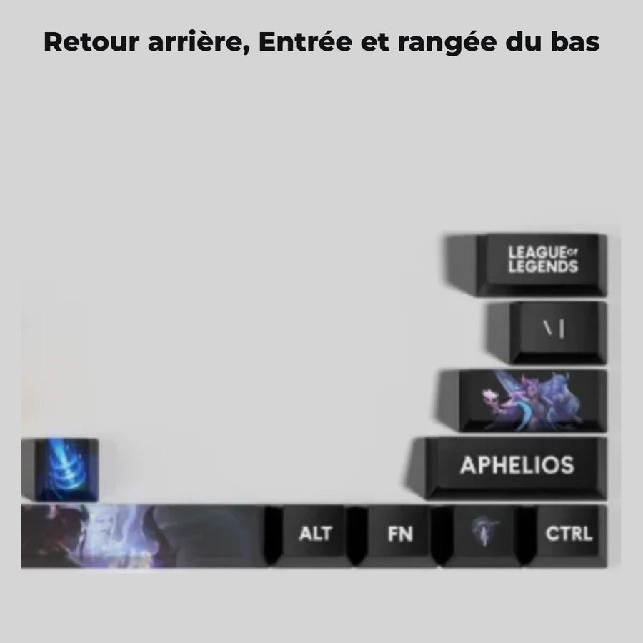 Keycaps Aphelios League of Legends — détail : Retour arrière, Entrée et rangée du bas