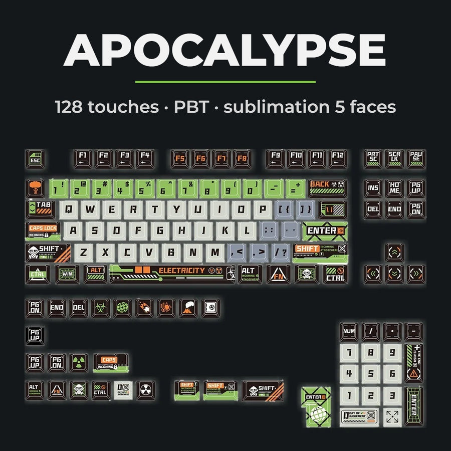 Keycaps Apocalypse — set complet de 128 touches PBT vert, noir et gris