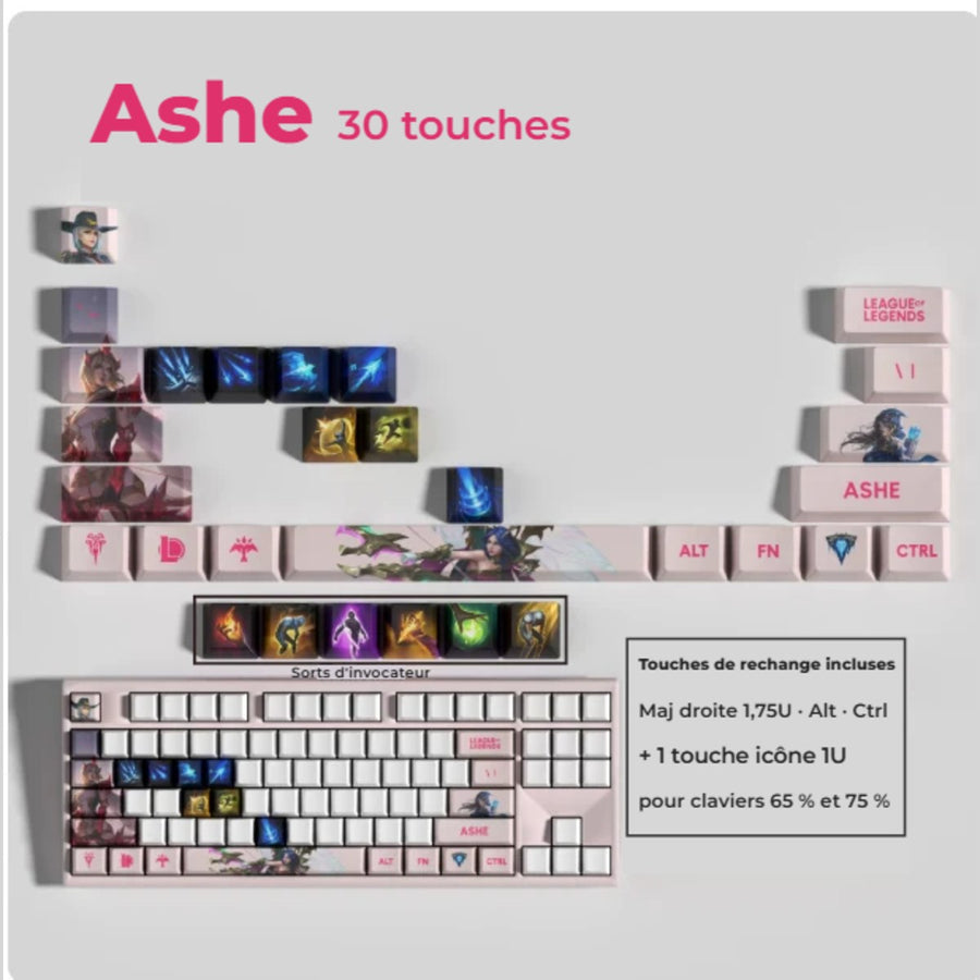 Keycaps Ashe League of Legends — set de 30 touches avec touches de rechange