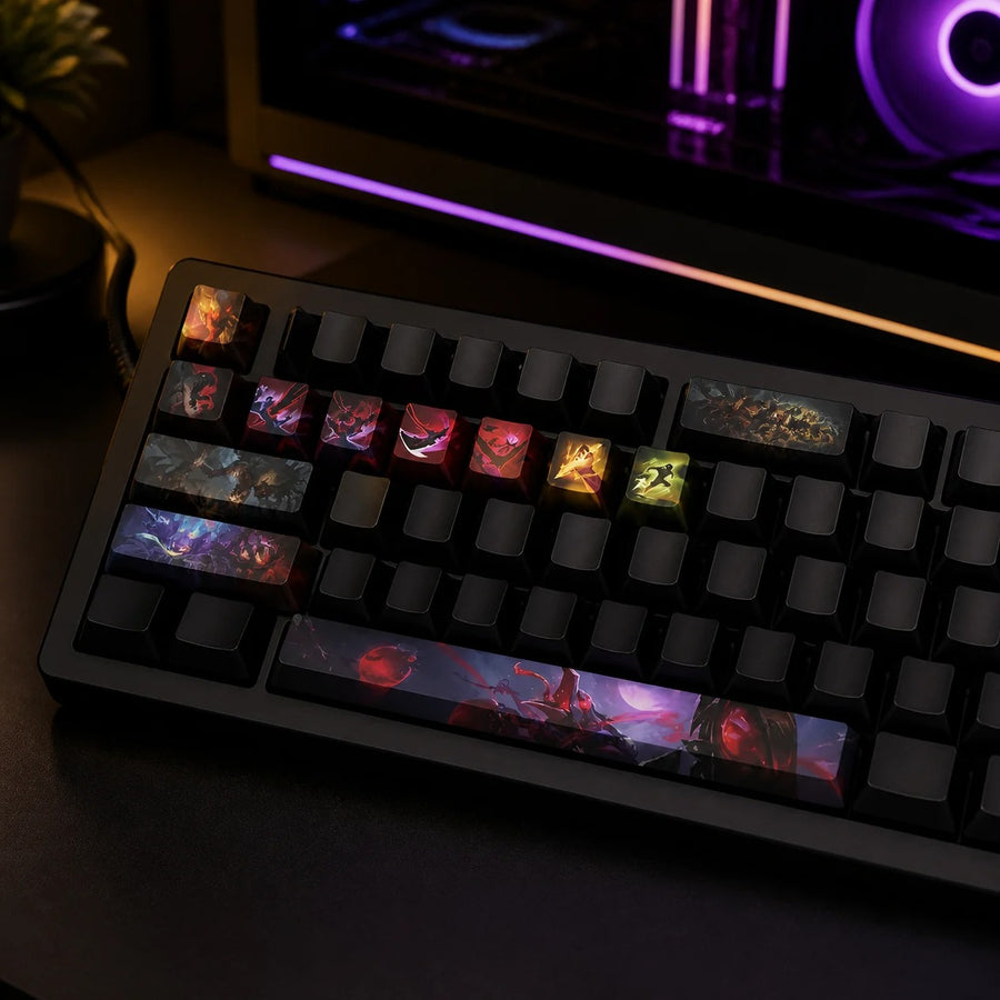 Fiddlesticks keycaps fitted on a black mechanical keyboard in front of a gaming PC