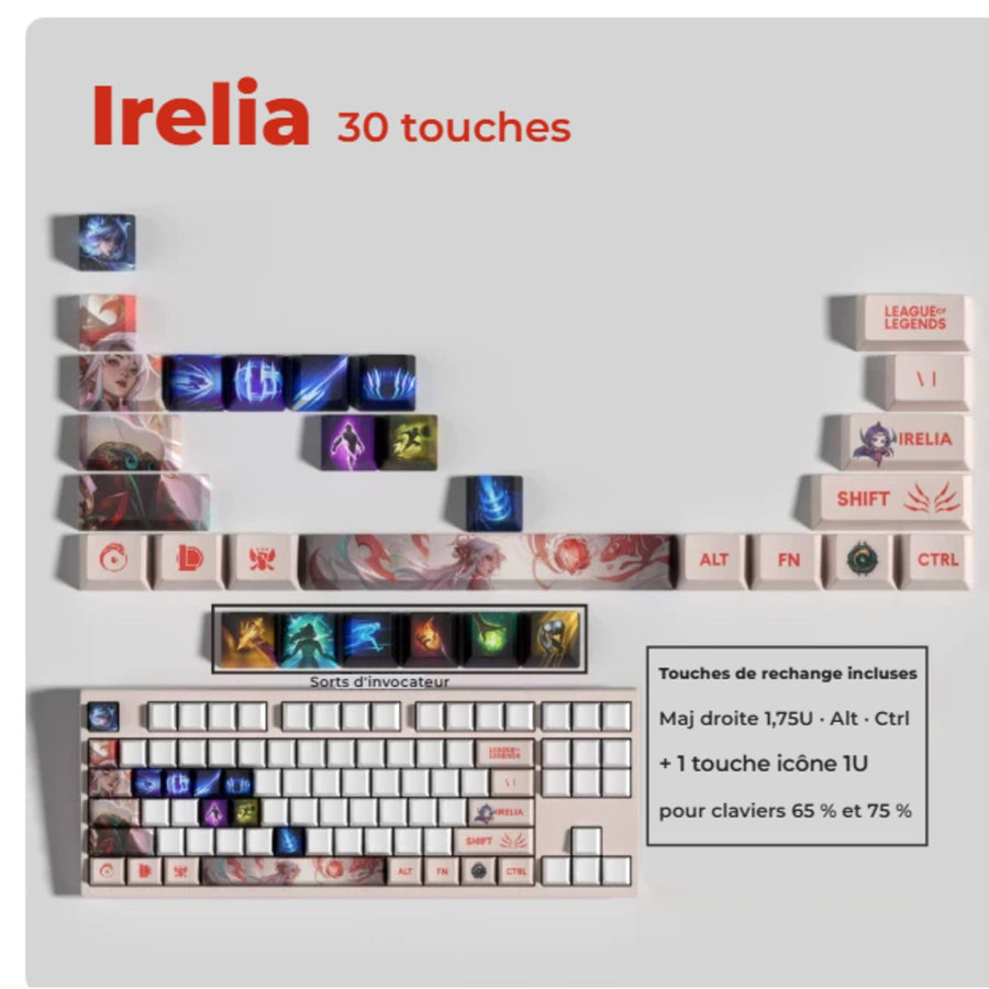 Keycaps Irelia League of Legends — set de 30 touches avec touches de rechange