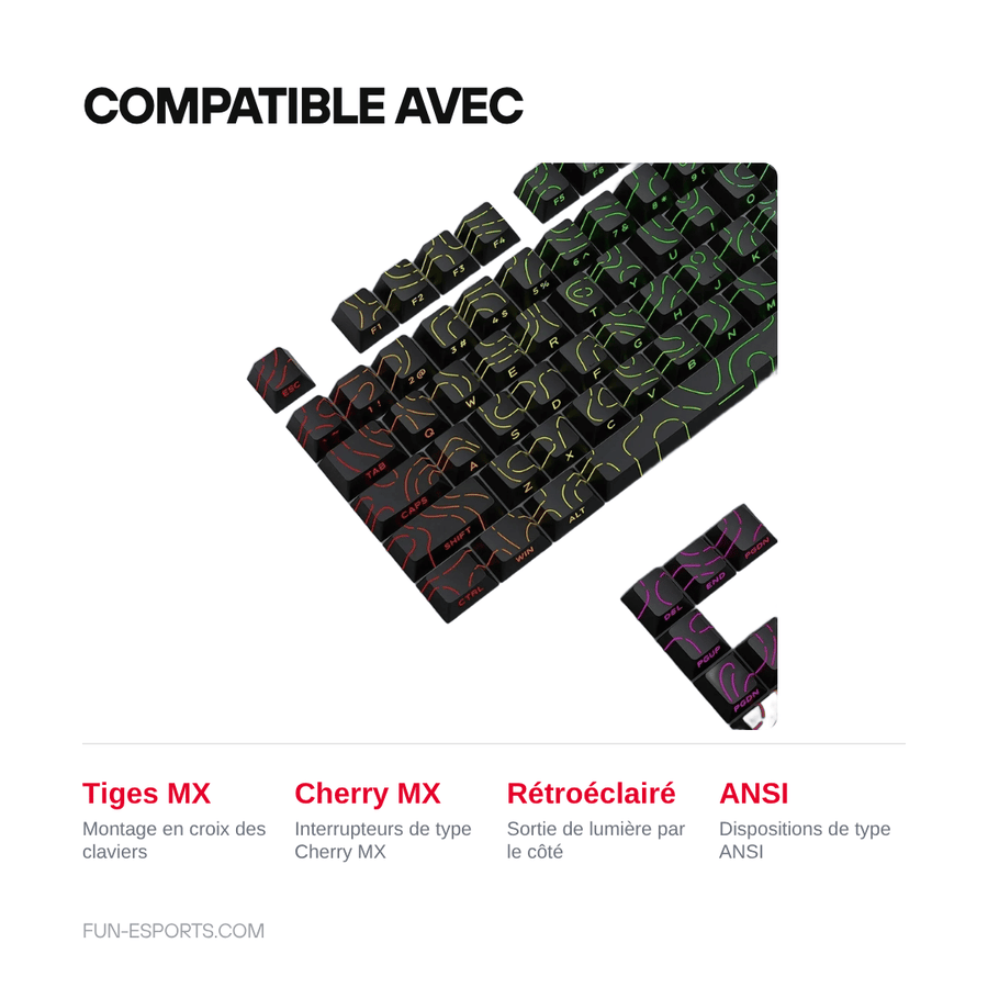 Compatible avec — Keycaps PBT topographiques — légendes latérales, tiges MX
