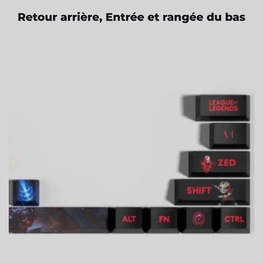 Zed League of Legends keycaps — detail: Backspace, Enter and bottom row