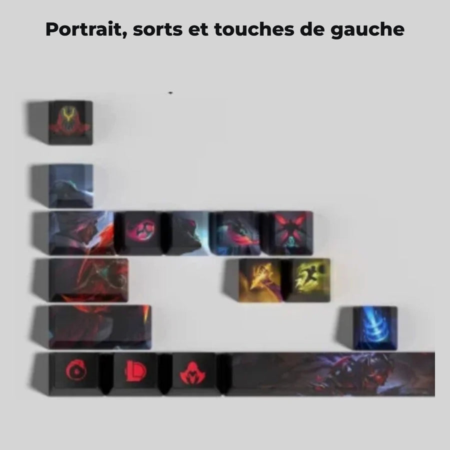 Zed League of Legends keycaps — detail: portrait, spells and left-hand keys