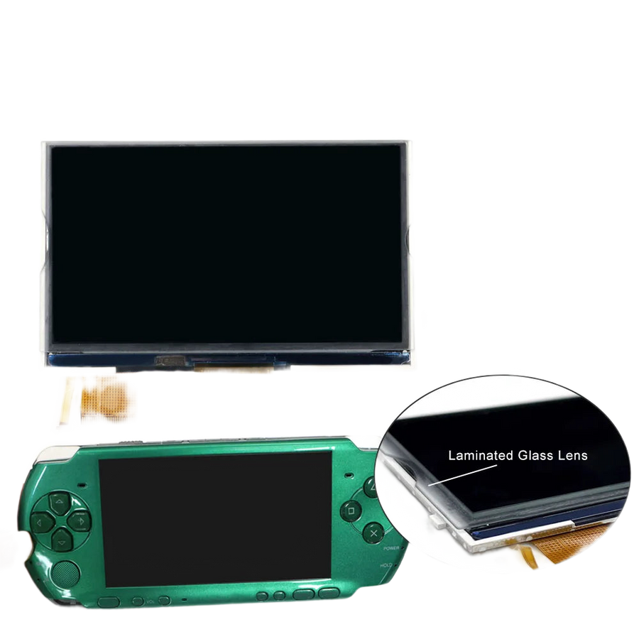 Dalle IPS laminée pour PSP 3000 vue de face avec sa nappe de connexion repliée