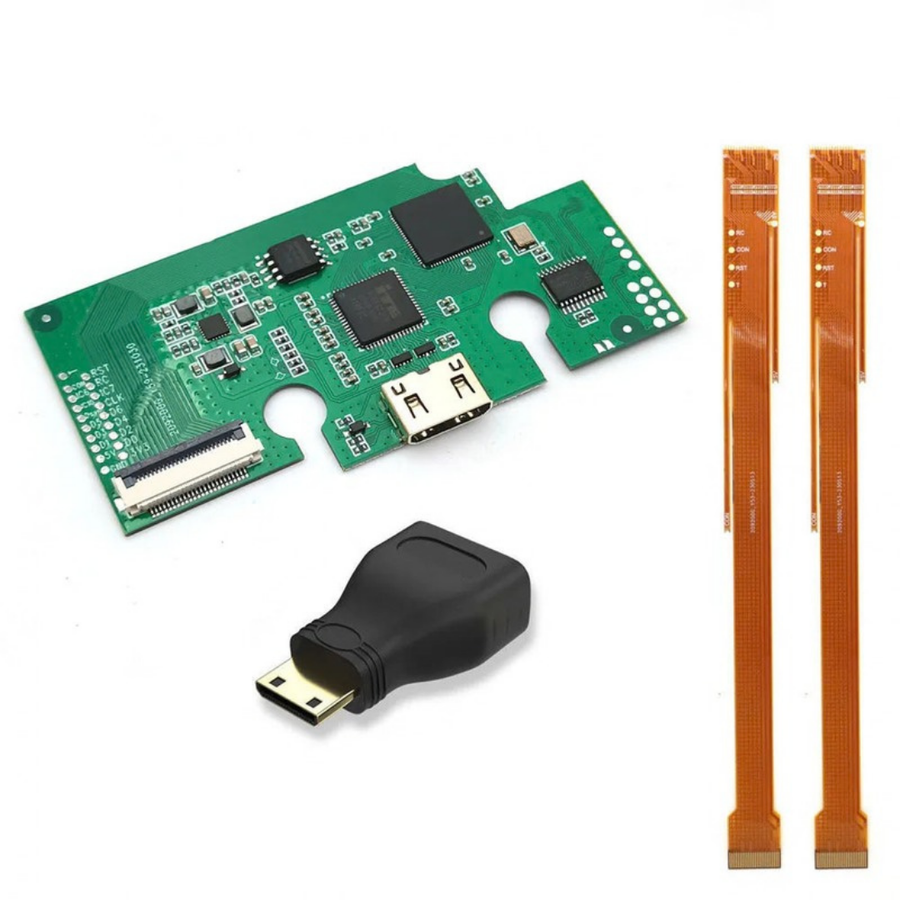 Kit HDMI interne Hispeedido pour N64, variante avec 2 nappes : carte HDMI, adaptateur mini-HDMI et deux nappes