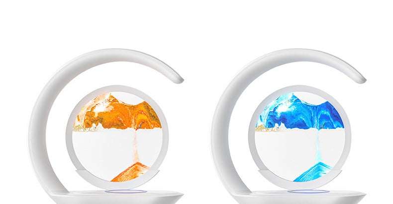 Les deux coloris de la lampe à sable animé côte à côte : sable orange et sable bleu