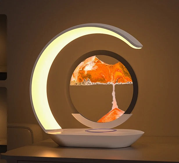 Lampe à sable animé coloris sable orange, arche LED allumée et socle à induction