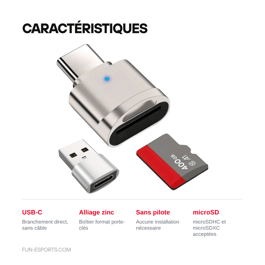 Caractéristiques — Lecteur de carte microSD USB-C — adaptateur USB-A inclus, corps zinc