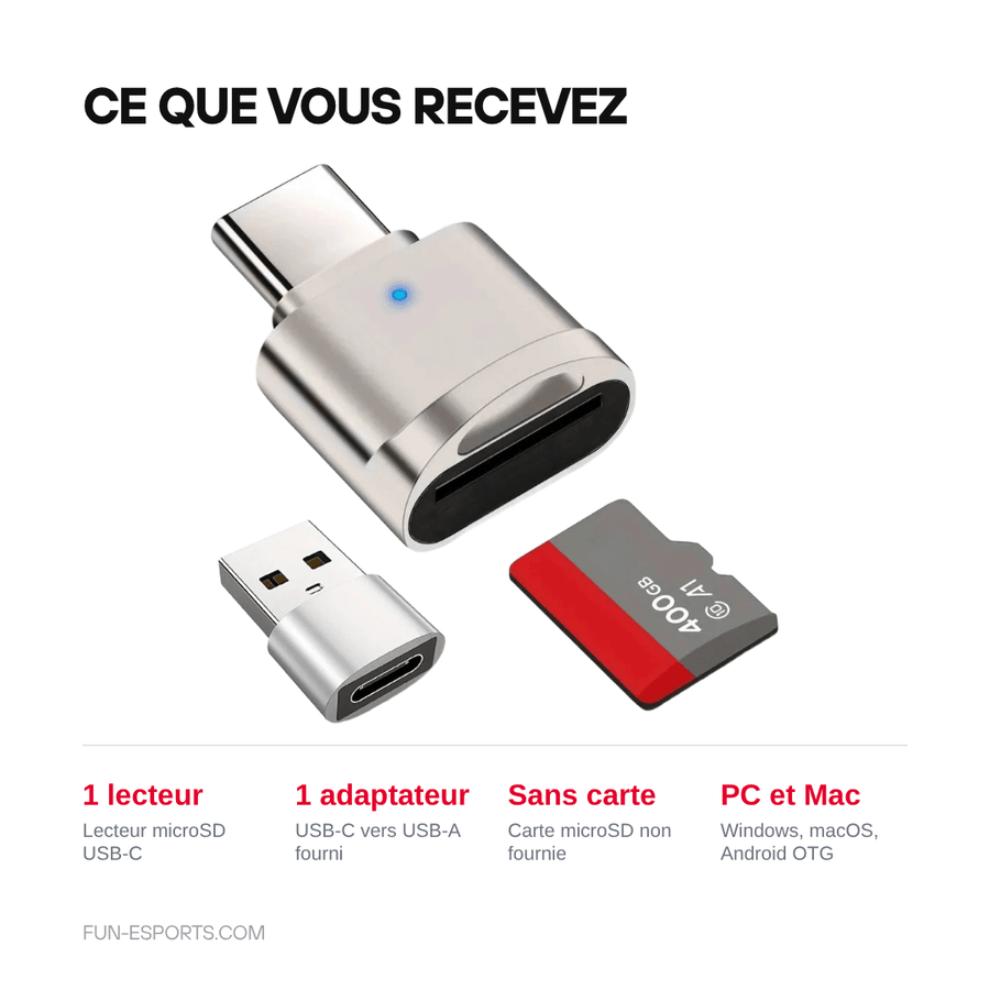 Ce que vous recevez — Lecteur de carte microSD USB-C — adaptateur USB-A inclus, corps zinc