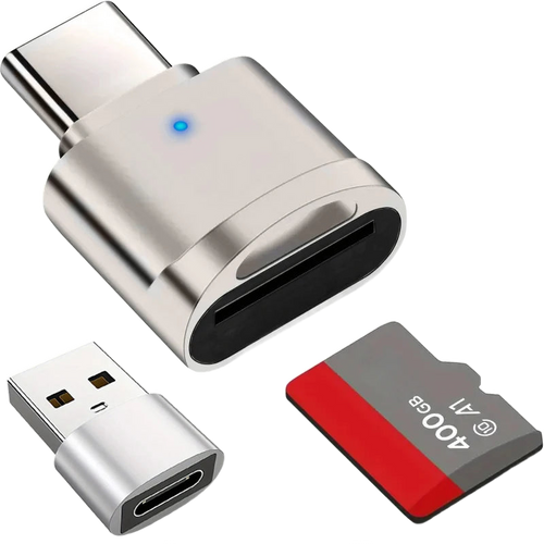 USB-C microSD card reader — USB-A adapter included, zinc body