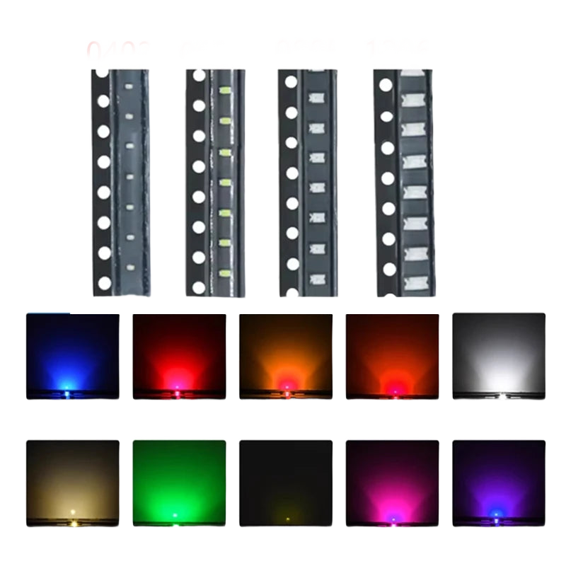 Assortiment de cent LED montage en surface de tailles 0402 à 1206, présentées en bandes colorées