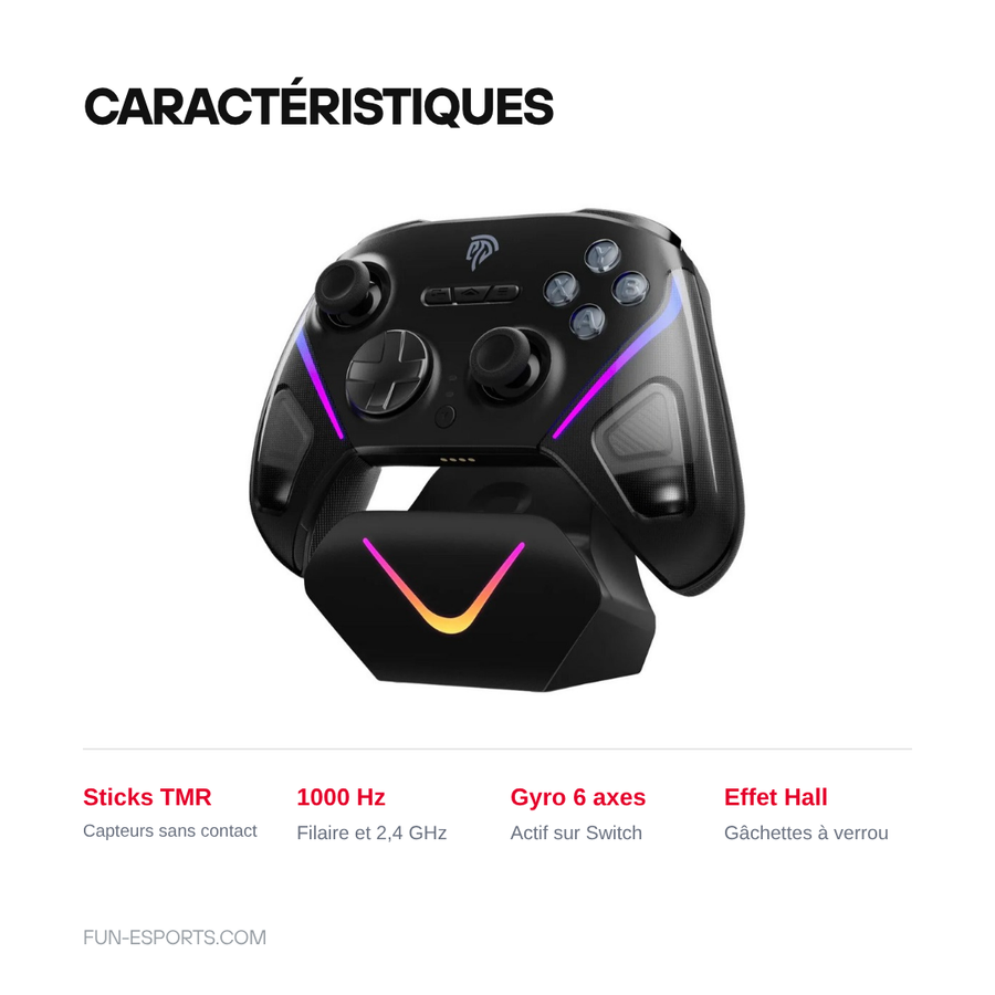 Caractéristiques de la manette EasySMX D10 : sticks TMR sans contact, 1000 Hz en filaire et 2,4 GHz, gyroscope 6 axes actif sur Switch, gâchettes à verrou effet Hall