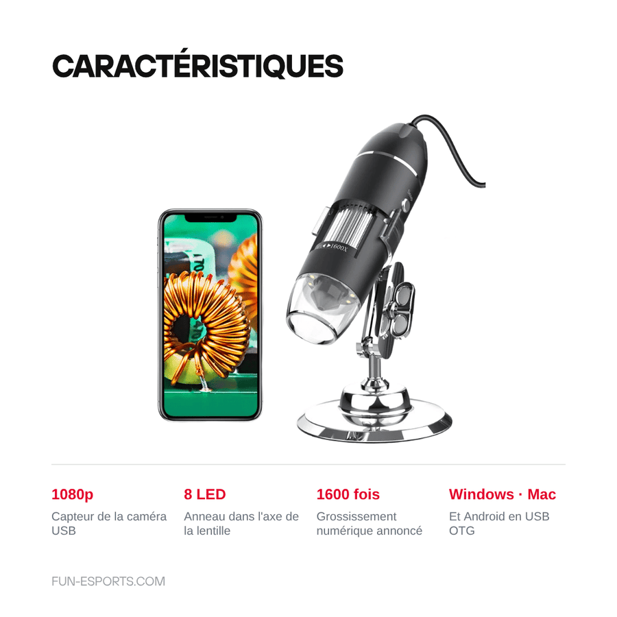 Caractéristiques — Microscope numérique USB pour soudure — 8 LED, capteur 1080p