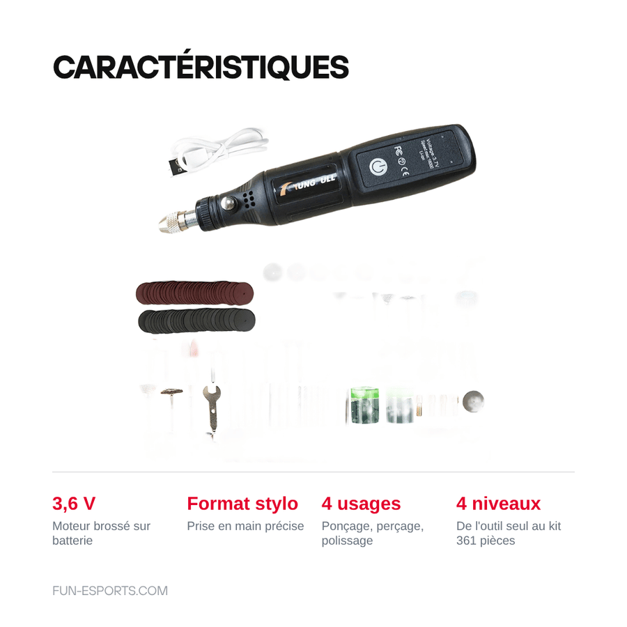 Caractéristiques — Mini-outil rotatif sans fil 3,6 V — découpe de coques et ponçage