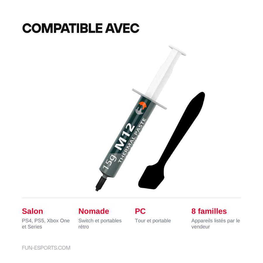 Compatible avec — Pâte thermique 12,4 W/m·K pour console et PC — seringue 1 à 30 g