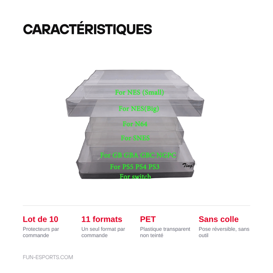Caractéristiques — Protecteurs de boîtes de jeux rétro en PET — lot de 10, 11 formats