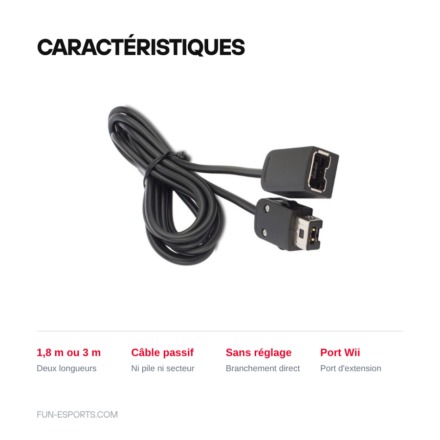 Caractéristiques de la rallonge de manette Wii et Classic Mini : deux longueurs de 1,8 m ou 3 m, câble passif sans pile, branchement direct sur le port d'extension