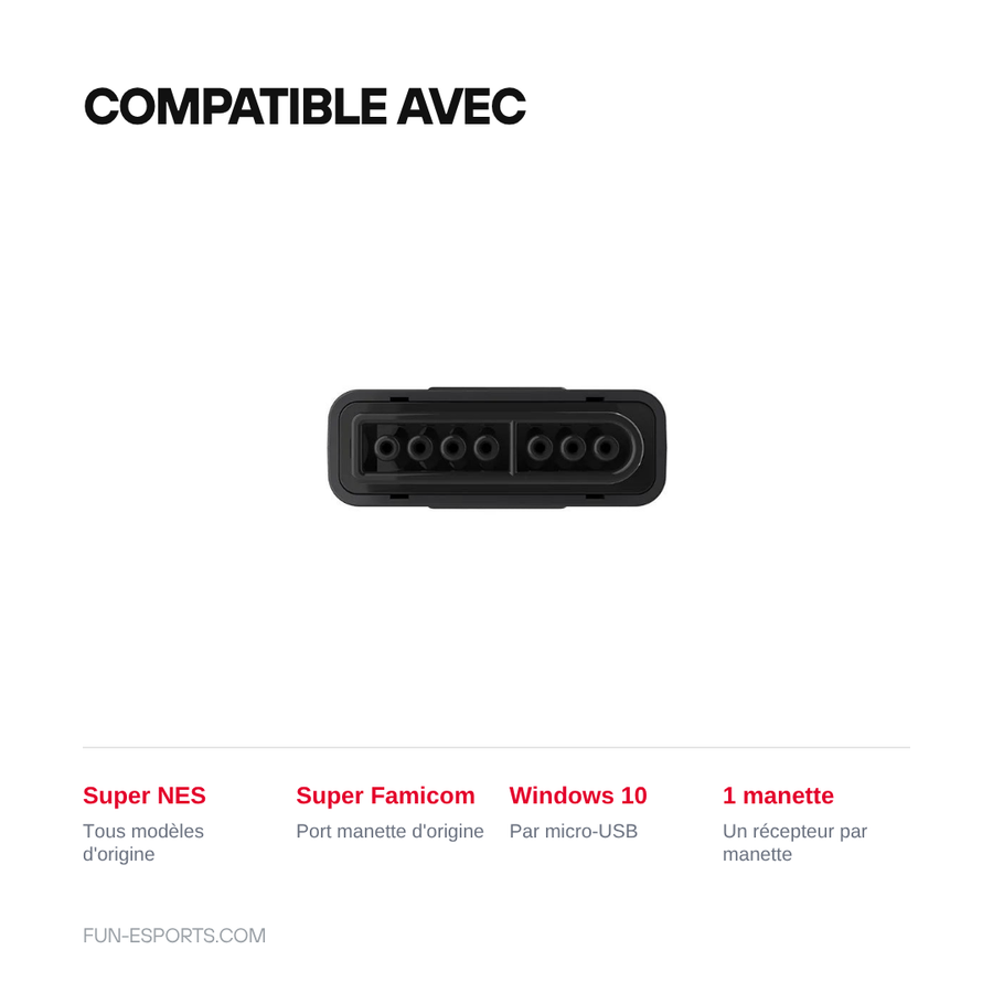 Compatibilité du récepteur Bluetooth 8BitDo : Super Nintendo et Super Famicom d'origine par le port manette, Windows 10 par micro-USB, une manette par récepteur