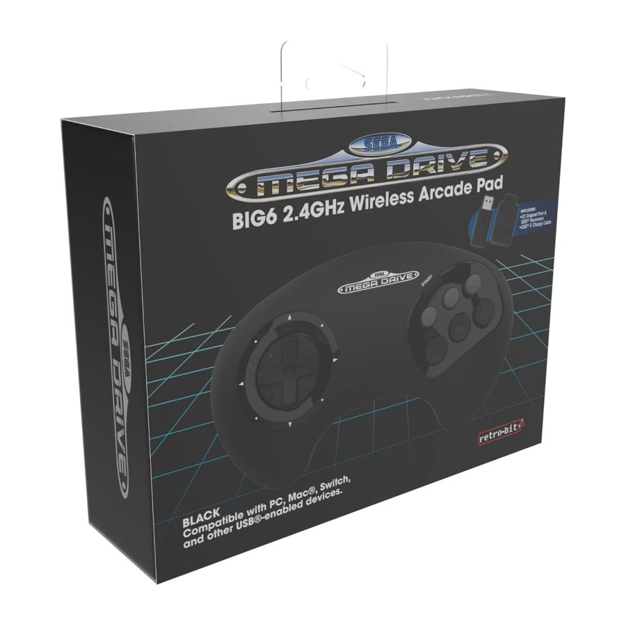 Boîte de la manette sans fil Retro-Bit BIG6 2,4 GHz pour Mega Drive, vue de trois quarts