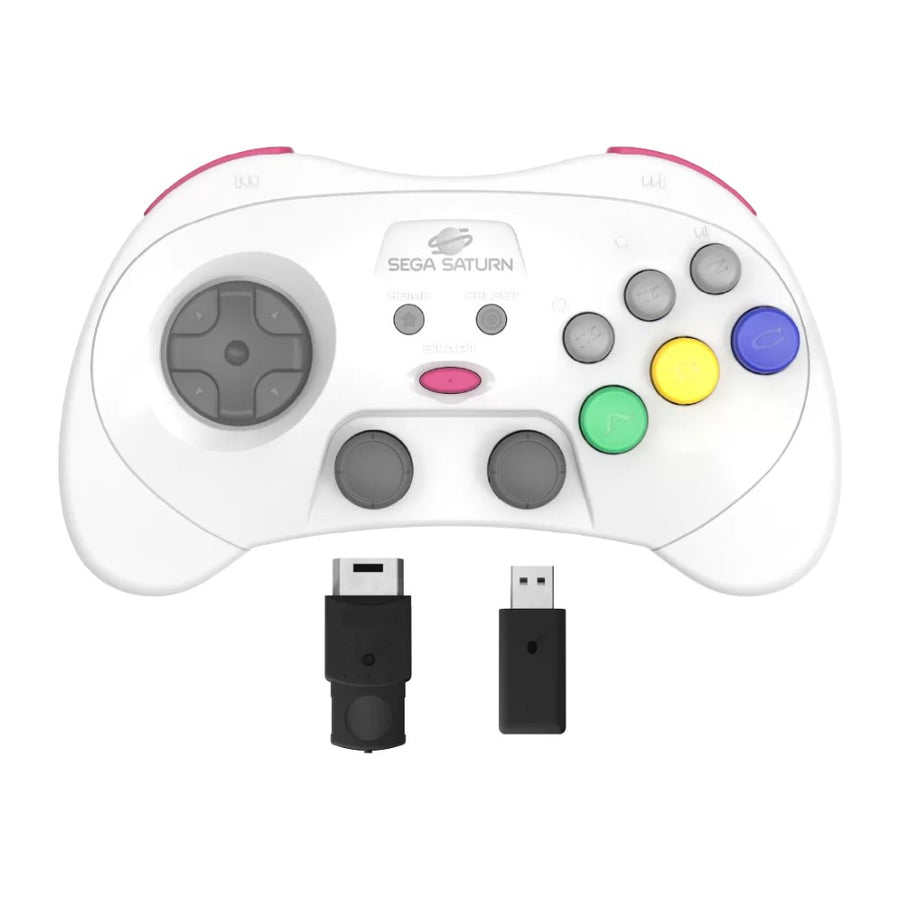 Manette sans fil Retro-Bit Pro 2,4 GHz style Saturn, coloris blanc, avec ses récepteurs